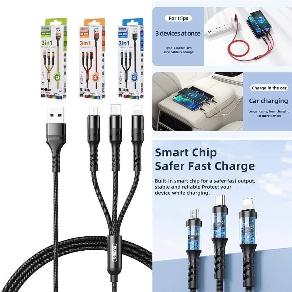 Cable Charger 3in1 REMAX RC-186th 2.1A (iPhone+Micro+Type-C)
