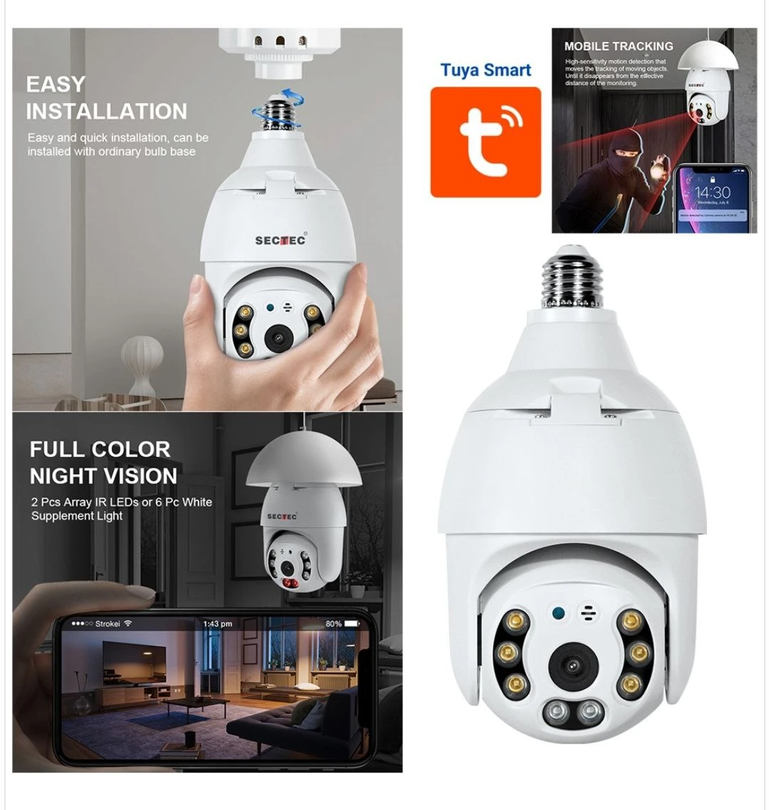 Camera Wifi 360 SECTEC ST-951-3M-TY Tuya Light Bulb Port