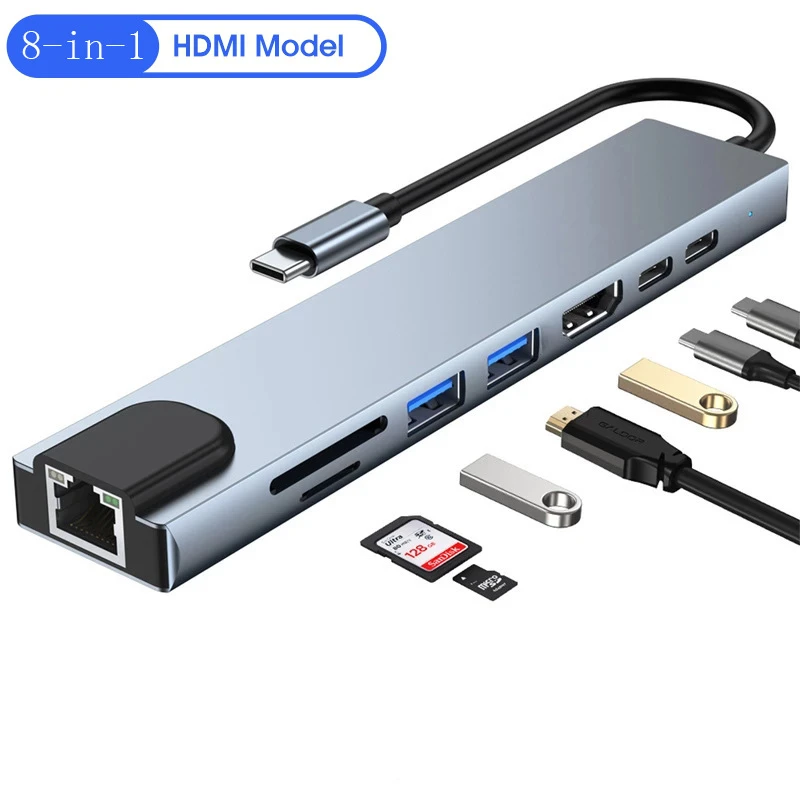 8in1 USB Type-C HUB HD 4K Multi port USB 3.0 with 100M Lam