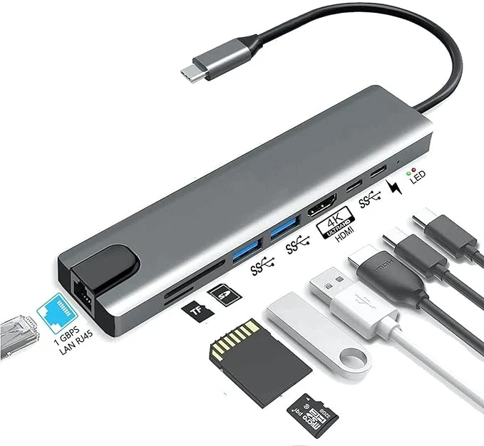 8in1 USB Type-C HUB HD 4K Multi port USB 3.0 with 100M Lam